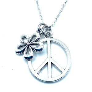 Silver Peace and Flower Hippie Necklace